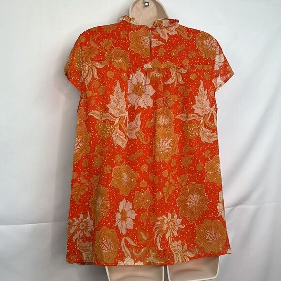 Joie Orange Fall Floral short sleeve Blouse with metallic accents size large EUC - Picture 6 of 11